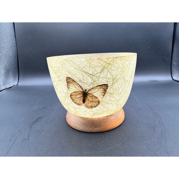 Vintage MCM BOHO Fiberglass Decorative Bowl on Wood Base wButterflies - Picture 1 of 8